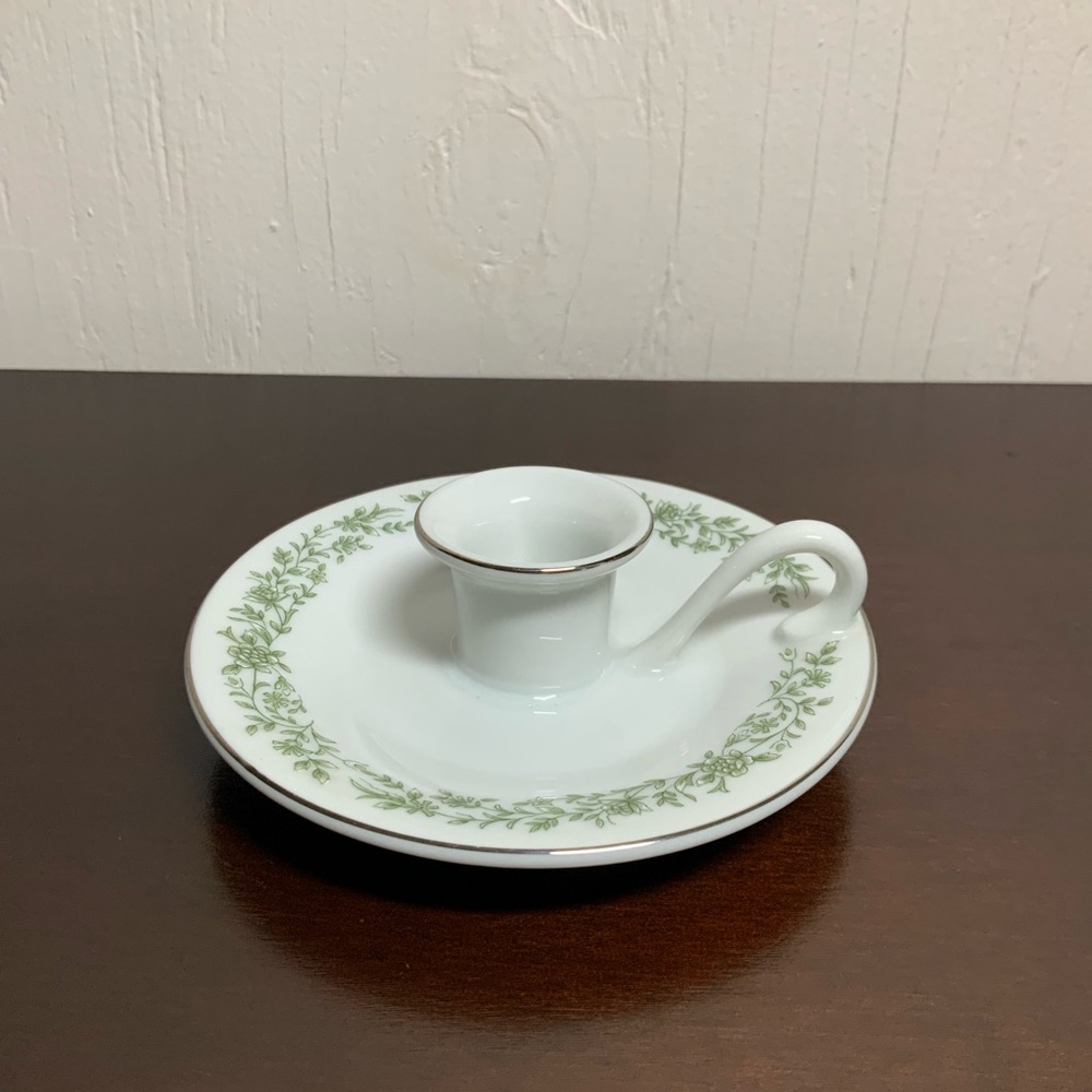 Vintage Mikasa Montclair Taper Candlestick Holders Finger Loop Green Floral - Picture 2 of 8